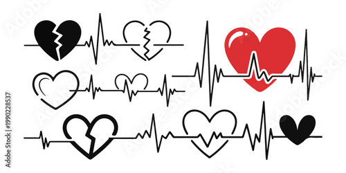 Medical heartbeat line icons with various heart shapes depicting cardiology pulse rate and emotional condition.