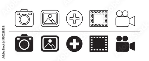 Photography and multimedia icon set featuring camera photo frame plus sign and video camera line art symbols.