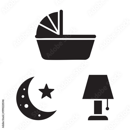 Night time care icons with baby cradle moon and lamp set