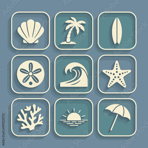 Beach icons set with various symbols.