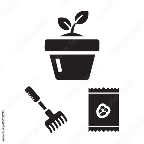 Garden love icons with heart flower pot and hand rake set