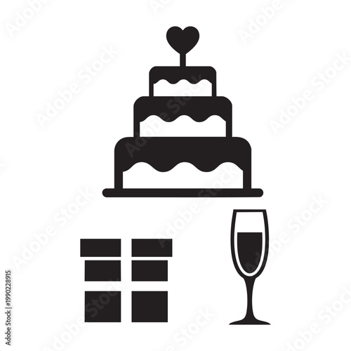 Sweet celebration icons with three tier cake and gift box