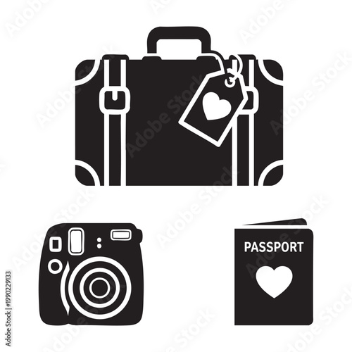 Travel mom icons with heart suitcase camera and passport