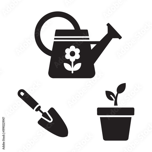 Garden love icons with watering can trowel and potted sprout