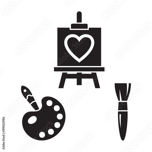Artistic mom icons with easel heart drawing and palette set