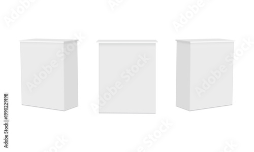 Blank promotional tables mockup set, front and side view, isolated on white background. Exhibition display counters for branding, advertising and event presentation. Vector illustration