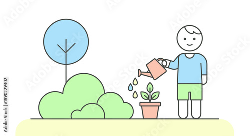 Man Watering Small Green Potted Plant.