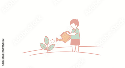 Little girl watering green plant.
