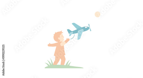 Little boy playing with airplane toy.