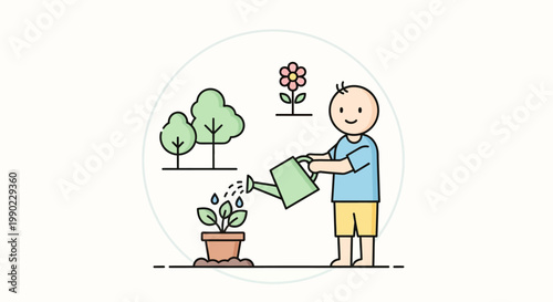 Man watering plant with green pot.