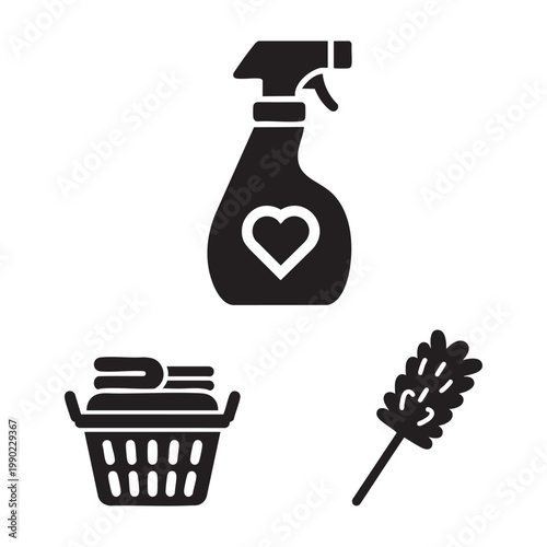 Home care icons with heart spray bottle and laundry basket