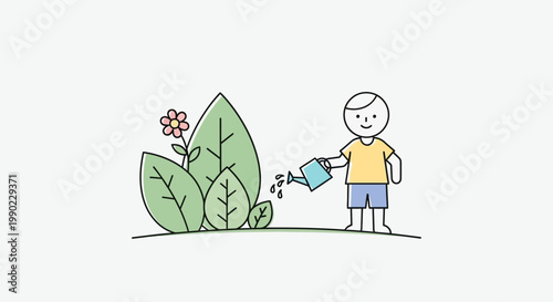 Kid watering plant with blue watering.