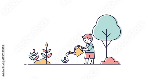 Woman watering small green plant.