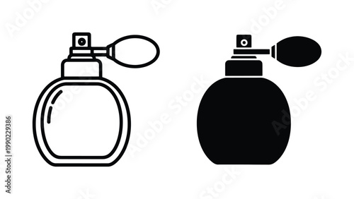 Vintage perfume bottle icons, classic fragrance atomizer spray vector set, elegant black and white cosmetic glass bottle illustrations for beauty branding