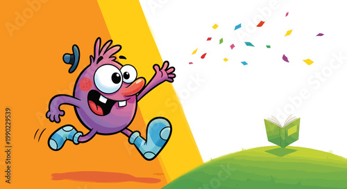 A cheerful purple creature with big eyes and a hat joyfully running towards a small open book on a green hill, with colorful confetti flying in the air, embodying enthusiasm for reading and learning