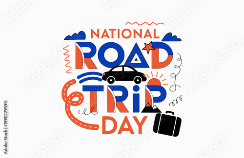 Tableau sur toile National Road Trip Day Vector Illustration, Summer Travel Adventure Concept Desi