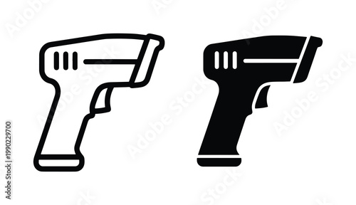 Barcode scanner vector icons, handheld laser reader symbols for retail and logistics, black outline and solid silhouette scanner set for inventory management