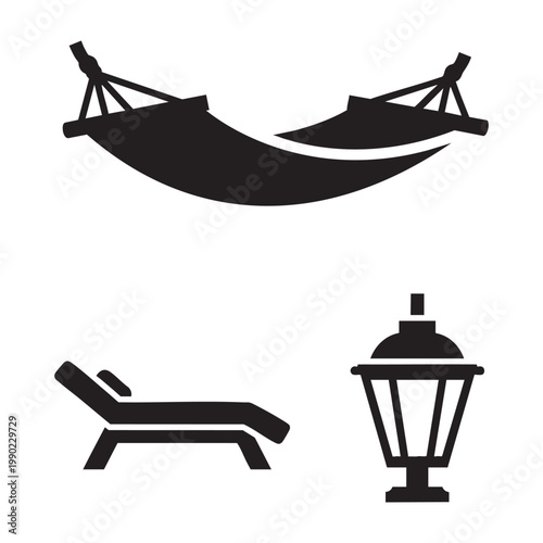 Garden relaxation icons with bold hammock and sun bed