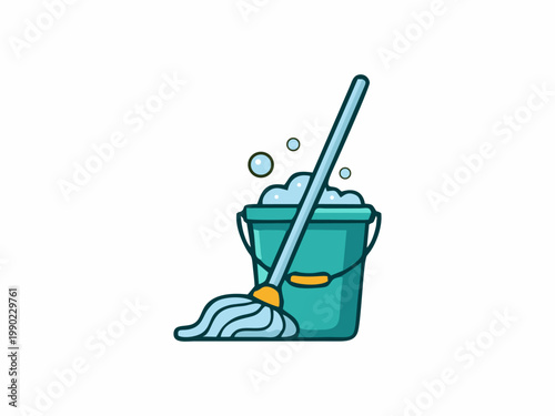 Vector illustration of a cleaning bucket with soapy water and a mop