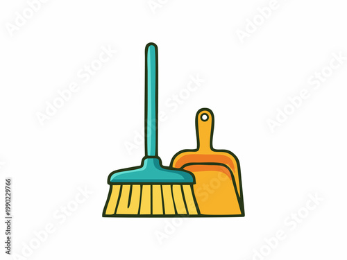 Broom and dustpan icon vector illustration in flat style