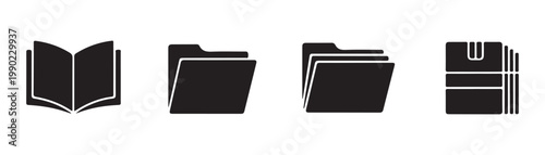 Professional folder and open book icons for digital library documentation and archive management set.
