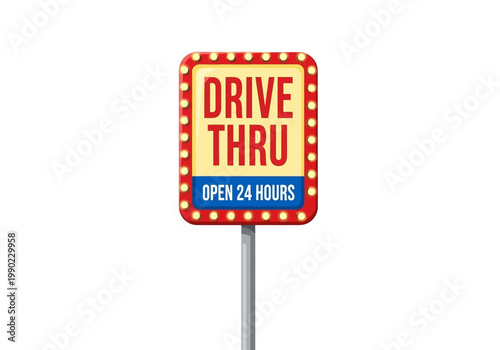 Brightly lit drive thru sign vector illustration with open 24 hours text