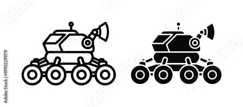 Mars rover vector icons, lunar exploration vehicle line and silhouette set, space research robot with satellite dish and wheels