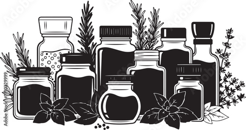Black and white of various spice jars with herbs bottles