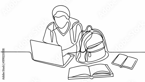 Single continuous line drawing of a student engrossed in studying on a laptop surrounded by books and a backpack symbolizing education knowledge acquisition and modern learning