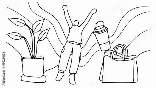 Joyful person with arms raised celebrating a sustainable lifestyle featuring a potted plant reusable shopping bag and eco friendly beverage container against a wavy abstract