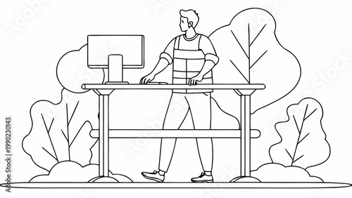 Focused man standing at a minimalist standing desk with computer and keyboard working diligently in a modern clean workspace surrounded by stylized foliage depicting productivity
