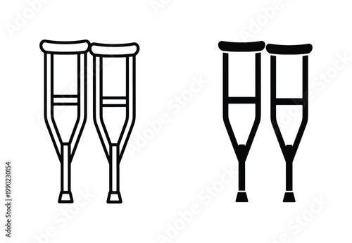 Medical crutches icon set, black and white orthopedic walking aids, minimalist mobility equipment vector for healthcare and rehabilitation design