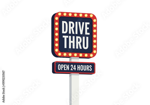 Illuminated Drive Thru Sign Vector Illustration - Open 24 Hours Graphic