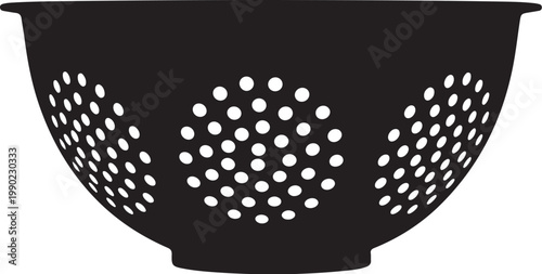 Black colander with white holes on white background kitchen