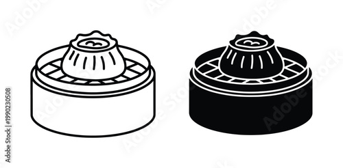 Dim sum dumpling in bamboo steamer basket vector icons, traditional Chinese baozi and gyoza line art, Asian food restaurant menu graphics