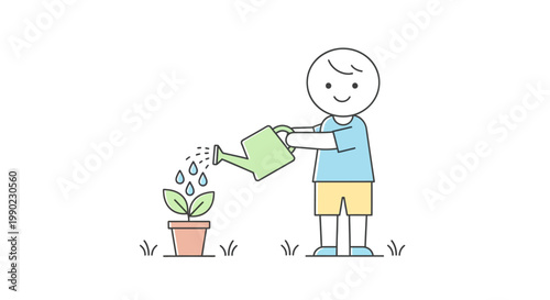 Person watering a potted plant.