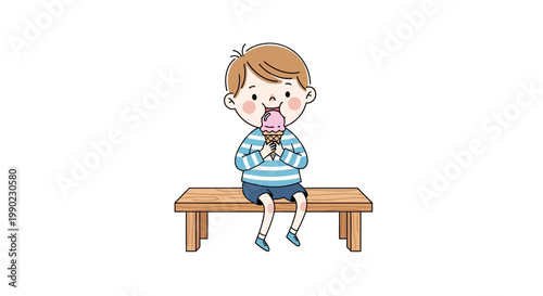 Boy Eating Ice Cream on Bench.