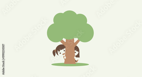 Girl Hiding Behind Tree Trunk.