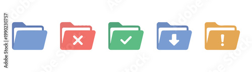 Flat design folder icons with action symbols for cross check download and exclamation mark functions.