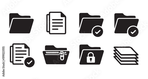 Cuadro en lienzo Document and folder with checkmark, locked folder, stacked files, zipped folder icons set