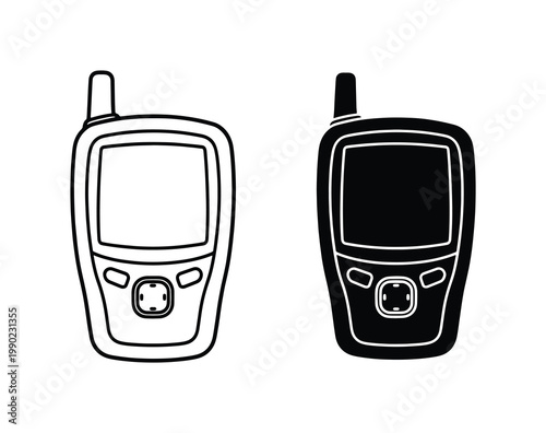 Portable walkie talkie radio vector icons, black and white handheld transceiver silhouettes, wireless communication device set for security and travel