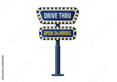 vector illustration of a 24 hour drive thru open sign with illuminated bulbs on a pole