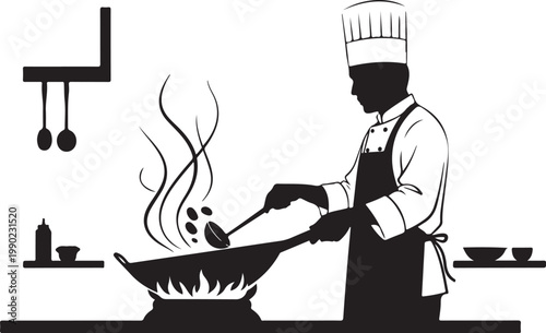 Chef cooking in kitchen with frying pan and utensils