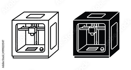 3D printer vector icons set, industrial additive manufacturing machine symbols, black and white linear 3D printing equipment for engineering and design