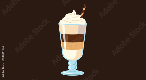 delicious layered coffee drink with whipped cream topping and a chocolate straw served in a tall glass against a dark brown background.
