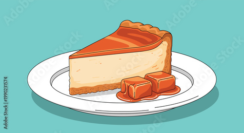 slice of creamy pumpkin cheesecake on a white plate drizzled with caramel sauce and topped with soft caramel cubes for a delicious dessert.