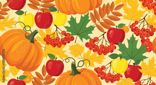 seasonal autumn harvest seamless pattern with orange pumpkins red apples rowan berries and colorful fall leaves for thanksgiving decor.