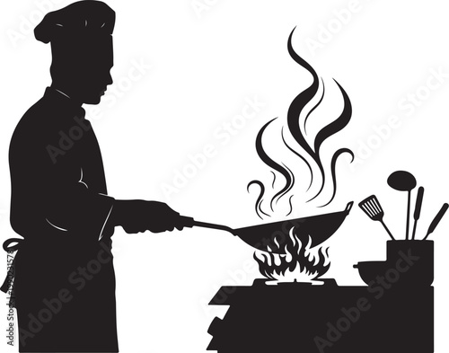Chef cooking with frying pan over open flame stove
