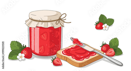 homemade strawberry jam jar with fabric lid and toast spread with fruit preserve next to fresh berries for a tasty breakfast meal scene.