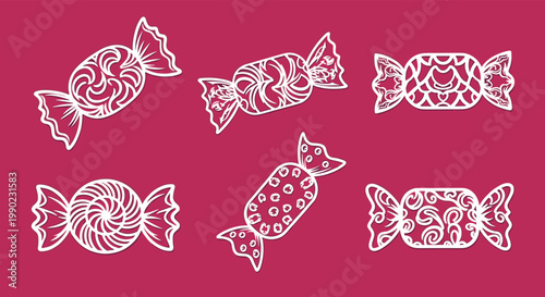 collection of hand drawn candy sketches on a bright pink background featuring various wrapped sweets for celebration and party designs.